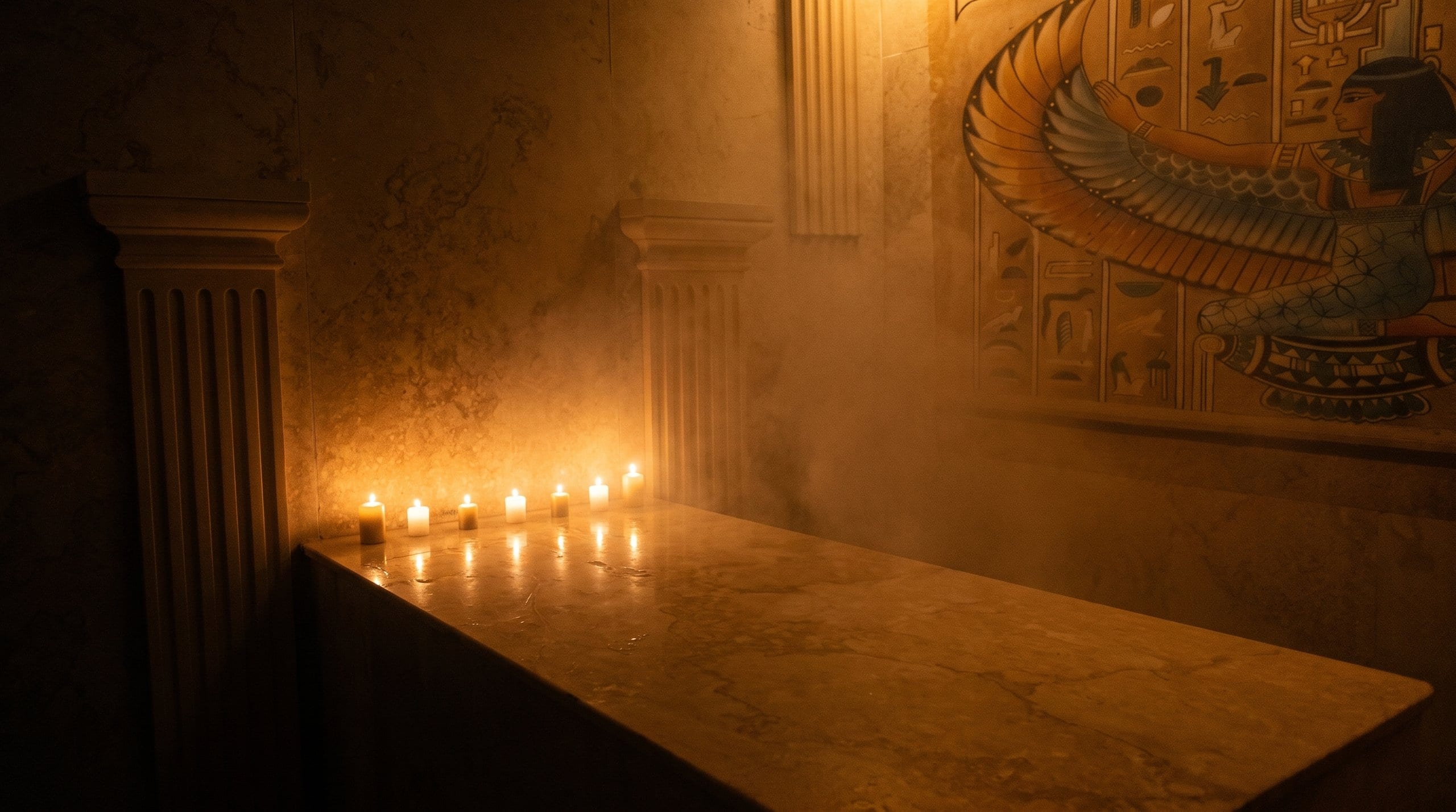 Imagen ilustrativa creada con IA. Detalle del banco de mármol del hammam con velas y vapor, sin personas