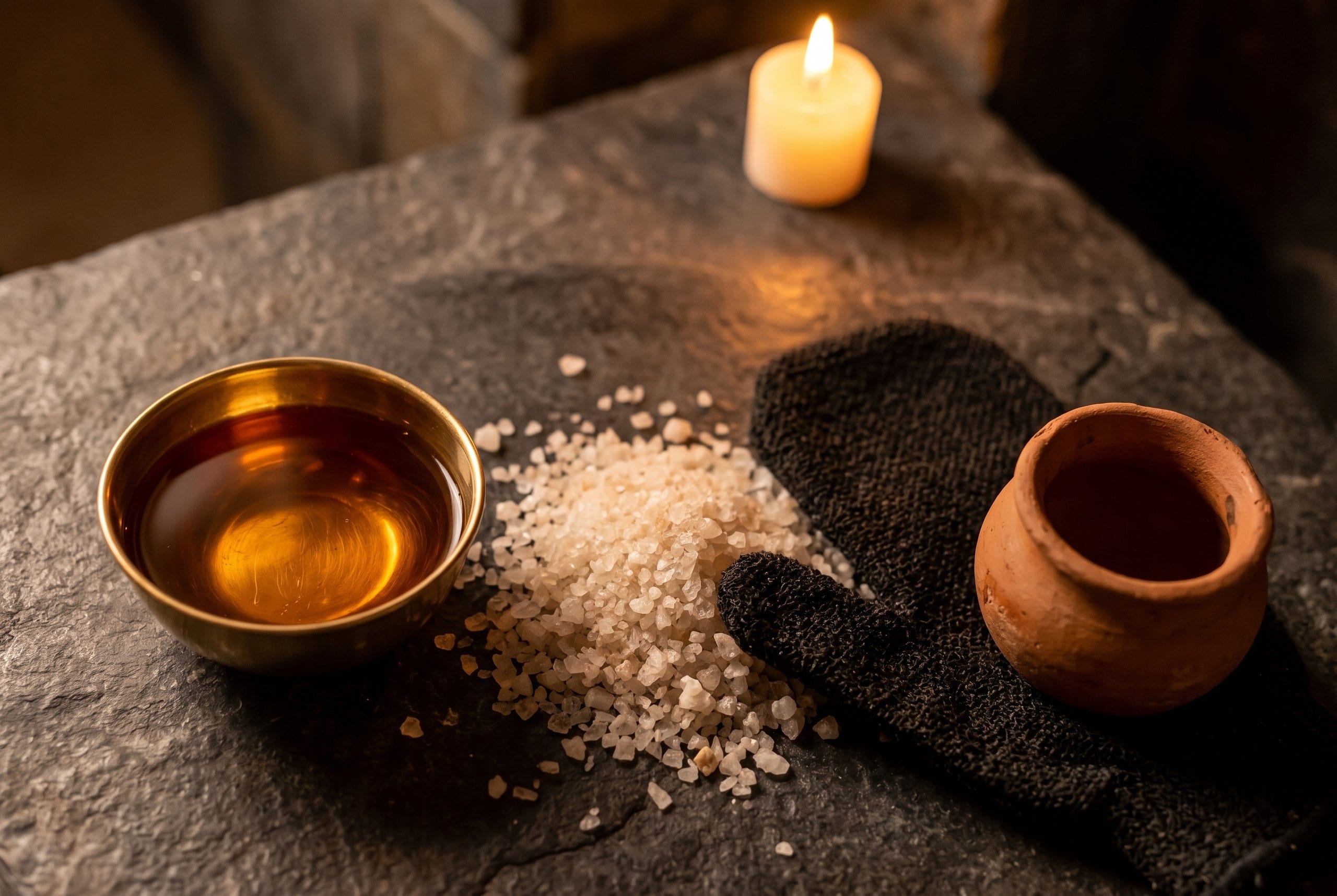 Imagen ilustrativa creada con IA. Cuenco dorado con aceite, sal gruesa, guante kessa y vasija de arcilla sobre piedra oscura