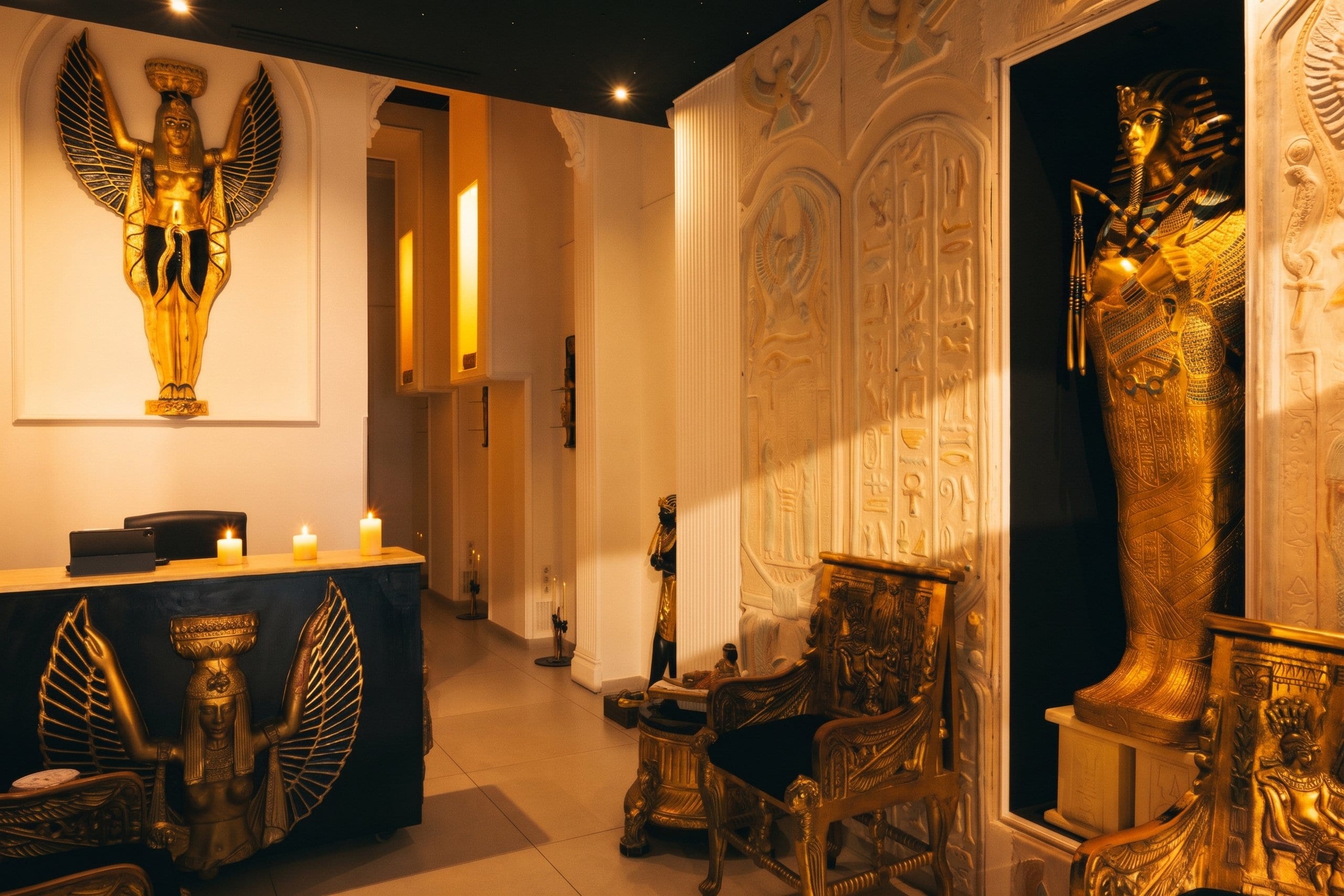 Imagen ilustrativa creada con IA. Recepción de Amon Spa con velas, la estatua alada y el sarcófago dorado