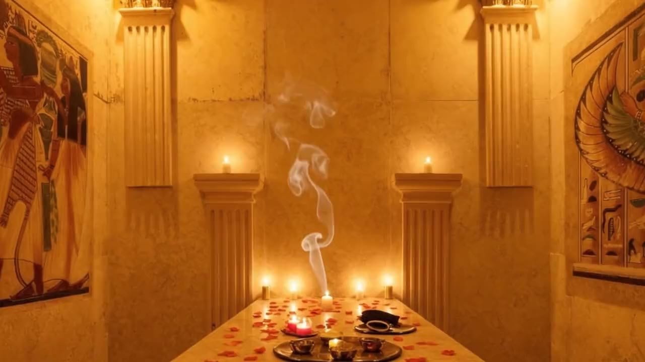 Mesa de mármol del hammam con velas y pétalos entre columnas y murales
